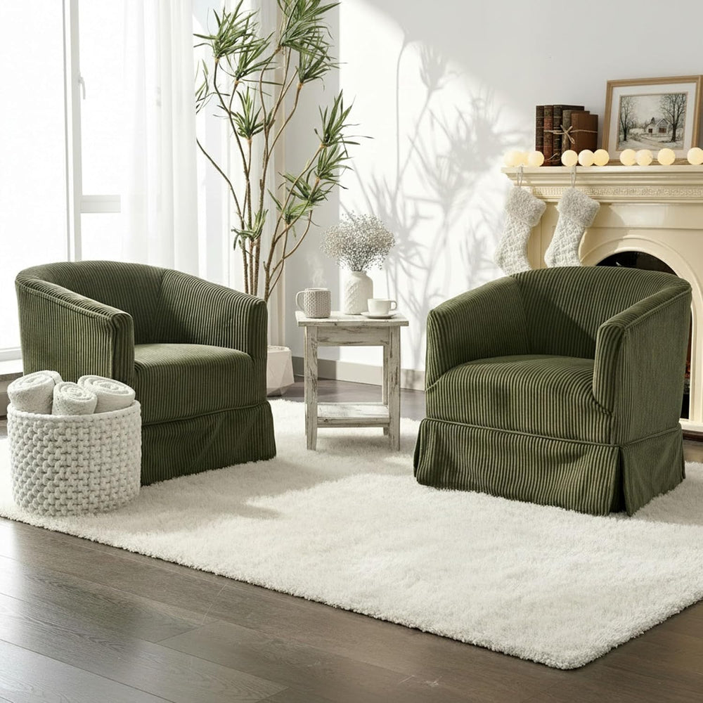 Swivel Accent Chair, Barrel Chair with Skirted Base, Green