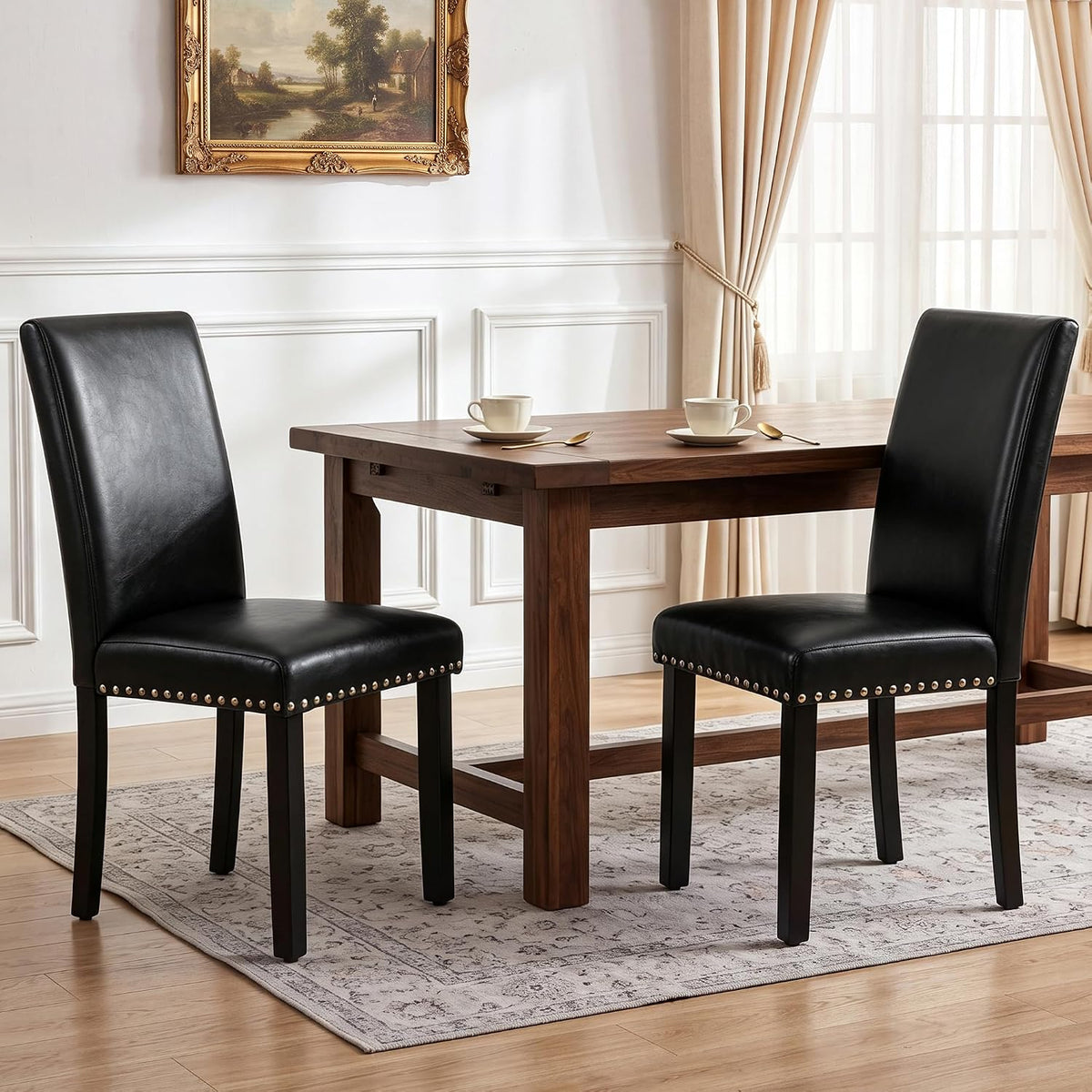 LSSBOUGHT Modern Leather Dining Chairs Set of 6 with Studded Trim(Black)