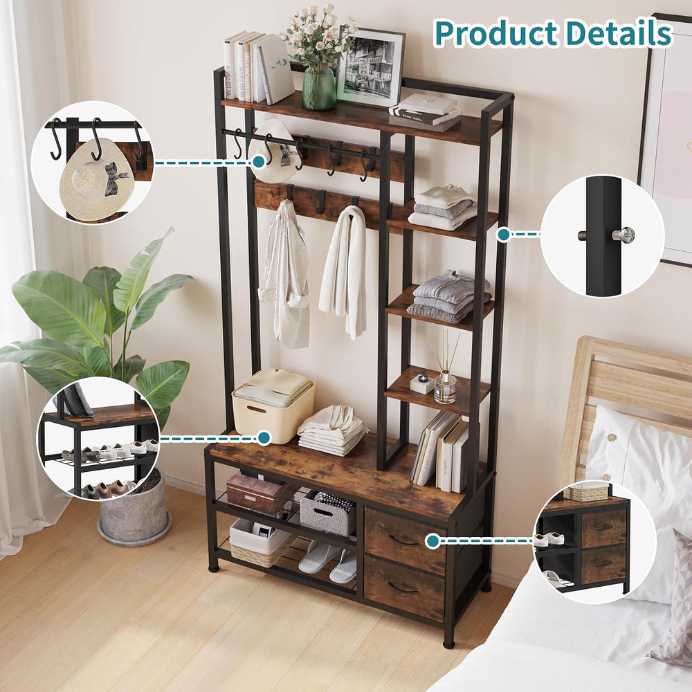 LUMTOK Hall Tree with Bench & Shoes Storage,Entryway Coat Rack with Drawers