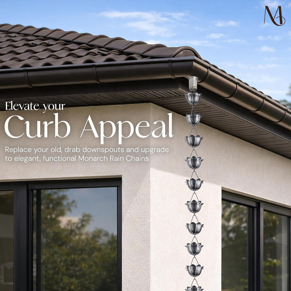 Monarch Rain Chains Aluminum Lotus Pewter Rain Chains for Gutters – 8.5 ft Pe...