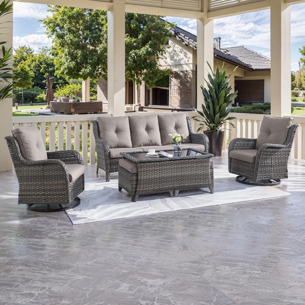 HUMMUH 6 Piece Wicker Patio Conversation Set, Swivel Rockers & Sofa