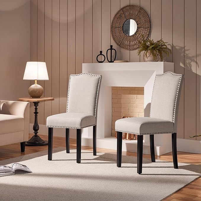 Yaheetech Dining Chairs Set of 2 Modern Kitchen Chairs with Fabric Upholstered Seat and Solid Wood Legs for Home Kitchen, Beige