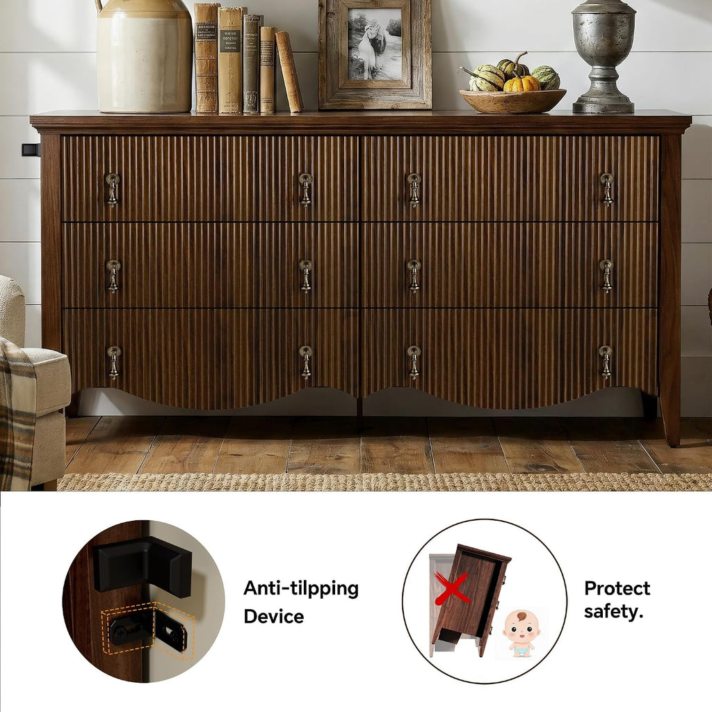 FUSUNBAO 6-Drawer Fluted Dresser, 52" Wide Double Chest of Drawers,Walnut