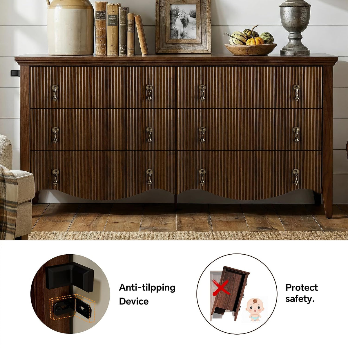 FUSUNBAO 6-Drawer Fluted Dresser, 52" Wide Double Chest of Drawers,Walnut