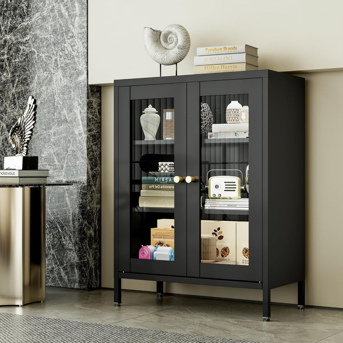 Bevivog Small Display Cabinet with Glass Doors Metal Floor Cabinet