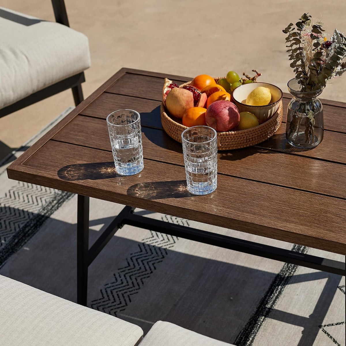 natural expressions outdoor patio coffee table, woodgrain texture, side view