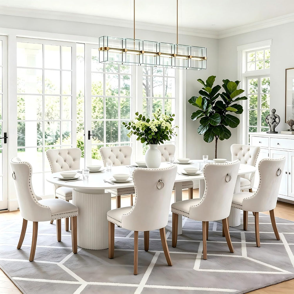 44-132 in Extendable Round Dining Table Set for 8 with Beige Velvet Chairs