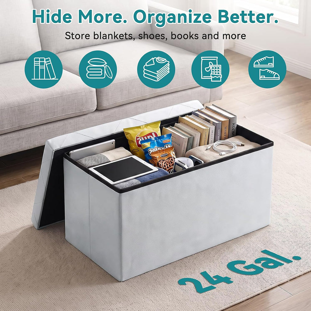 OLIXIS 30 Inch Foldable Storage Ottoman Bench, Leather Ottoman with Storage