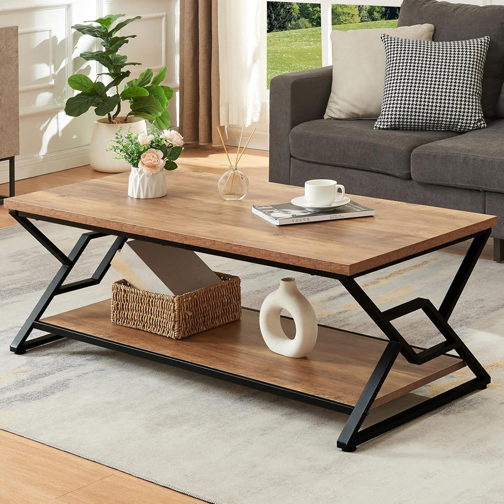 Rustic Modern Coffee Tables for Living Room with Storage, 47 Inch Oak Brown