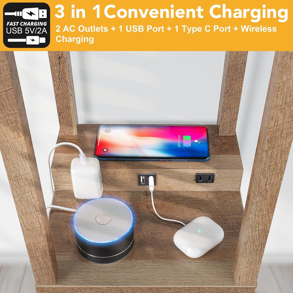 Mlambert Shelf Floor Lamp with Wireless Charger, USB, Type C, AC Port, Wood