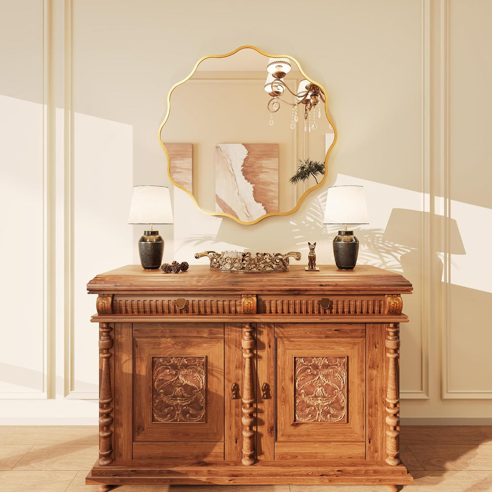 Kelly Miller 28" Gold Round Scalloped Mirror, Wavy Edge Decorative Mirror