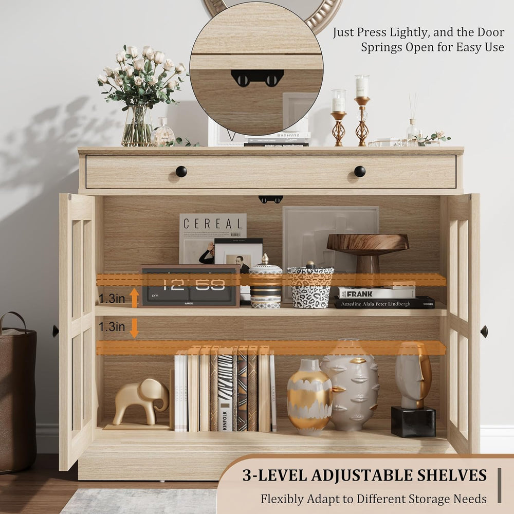 GarveeHome Modern 35.4" Sideboard Buffet Cabinet with Glass Door, Oak