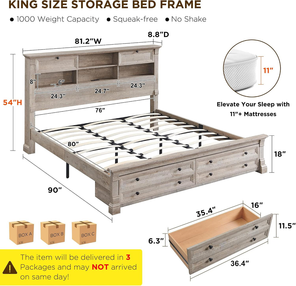 King Size Bed Frame with 54" Tall Storage Headboard, 2 Footboard Drawers