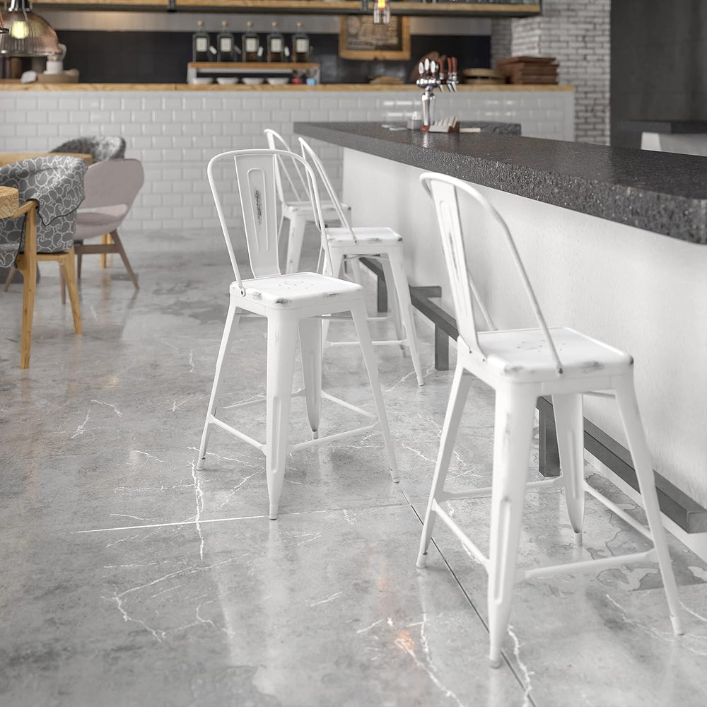 EMMA + OLIVER 24" Distressed White Metal Indoor/Outdoor Counter Stool