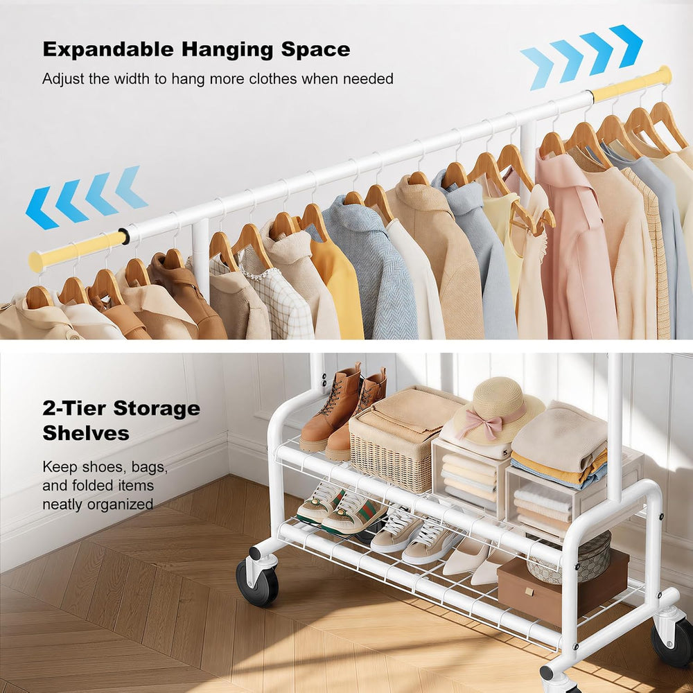 Clothes Rack Heavy Duty, 550 LBS Rolling Clothing Rack with Wheels, White