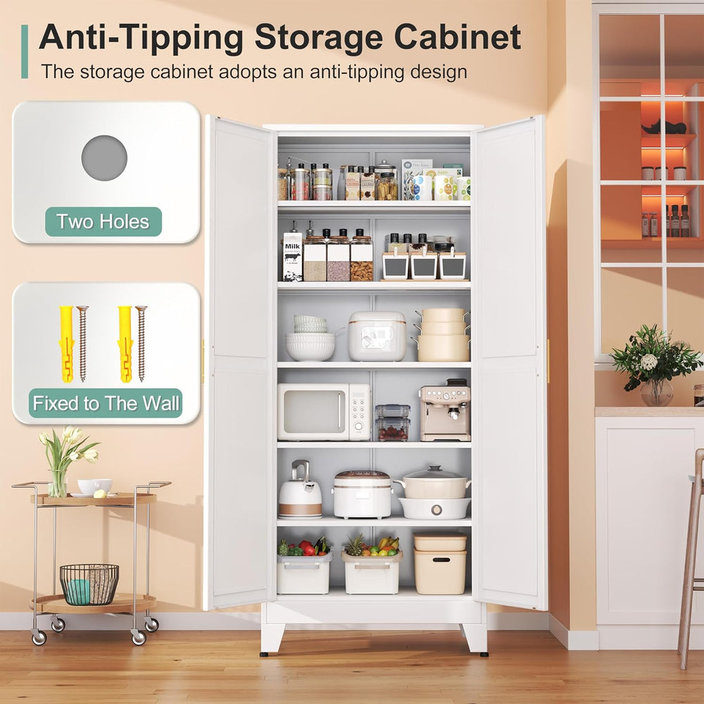 Metal Pantry Cabinet with 2 Doors and 5 Adjustable Shelves, 75"Kitchen S...