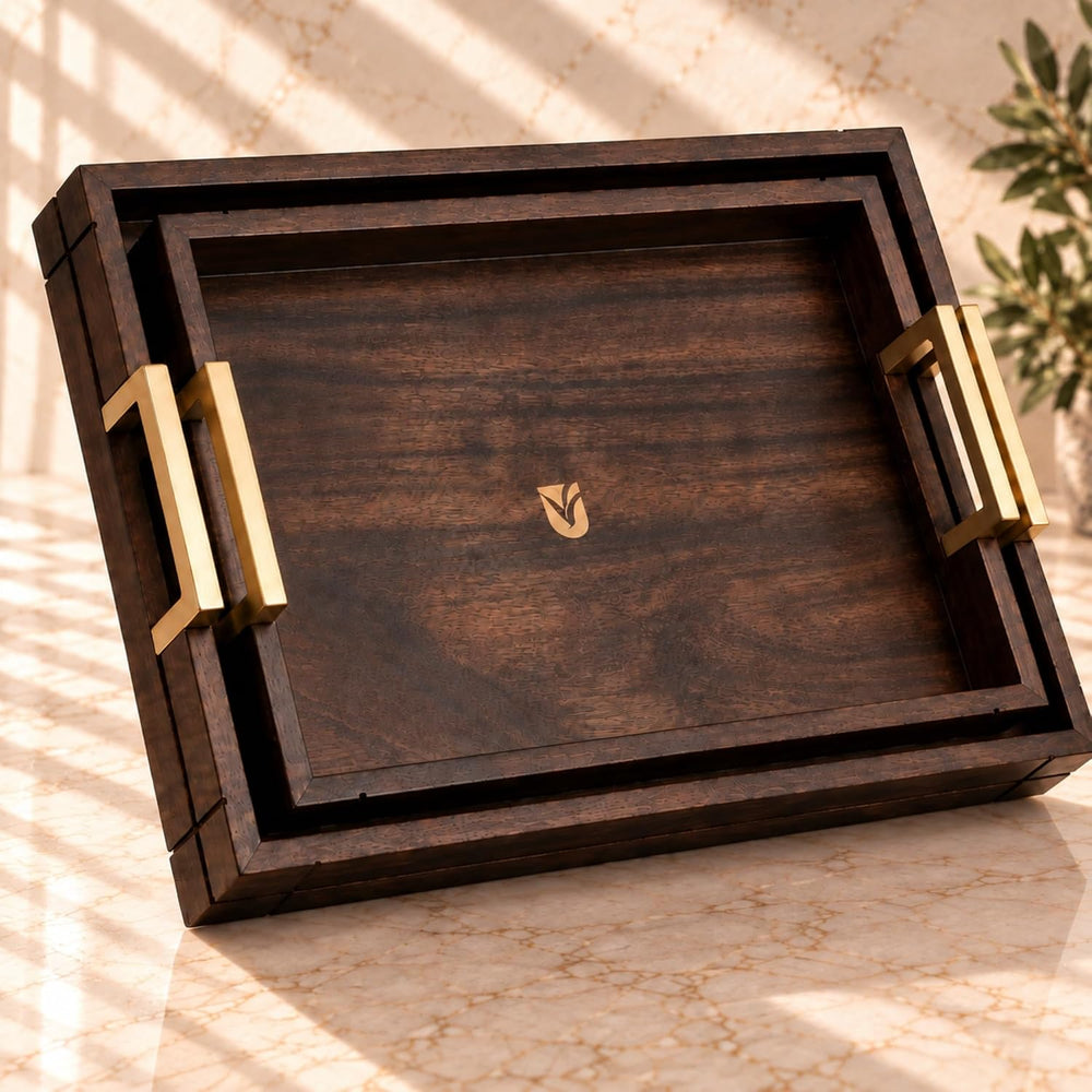 Acacia Wood Tray for Coffee Table, Set of 2 Ottoman Trays with Gold Handles