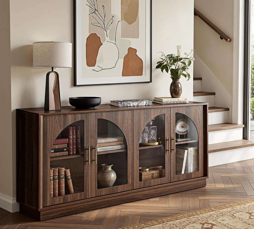 FORTUNETEC 64" Sideboard Buffet Cabinet with Arched Glass Doors,Dark Walnut