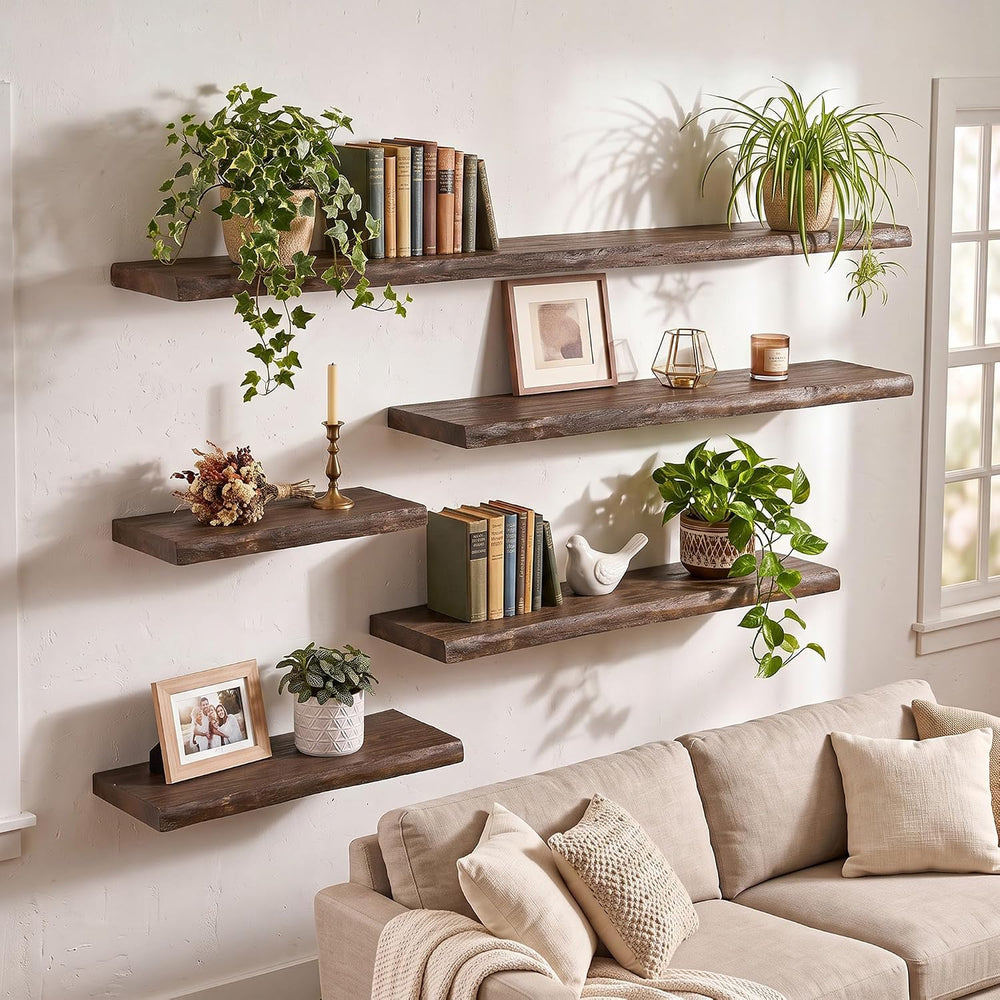 24in Live Edge Solid Elm Floating Shelves, Walnut, Set of 2