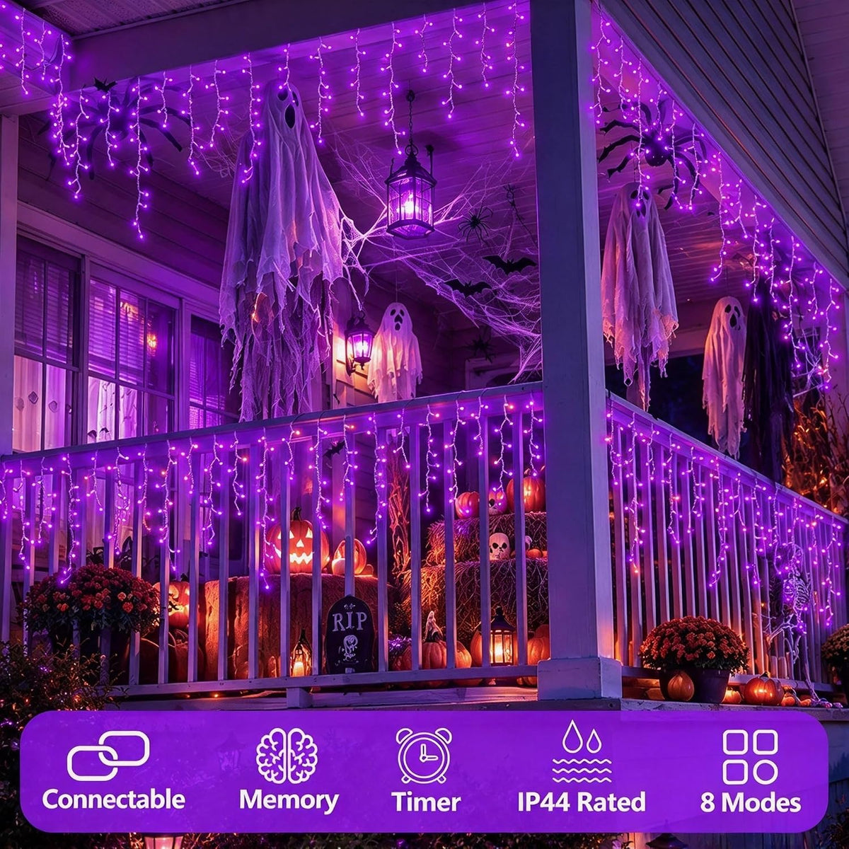QITONG Purple Halloween Lights, 33ft 400 LED Icicle Lights for Outside Plug in, Clear Wire Connectable String Light Indoor with 8 Modes