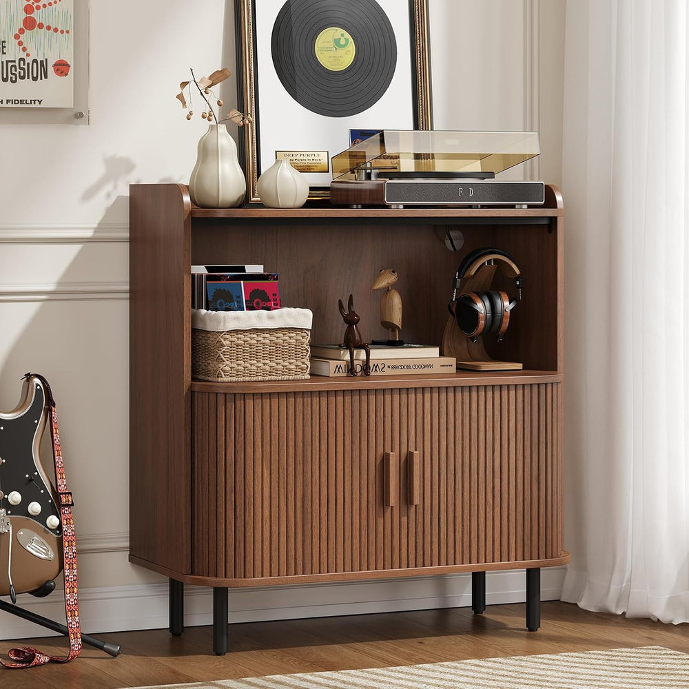 ONBRILL Mid Century Modern Record Player Stand with Charging Station,Walnut