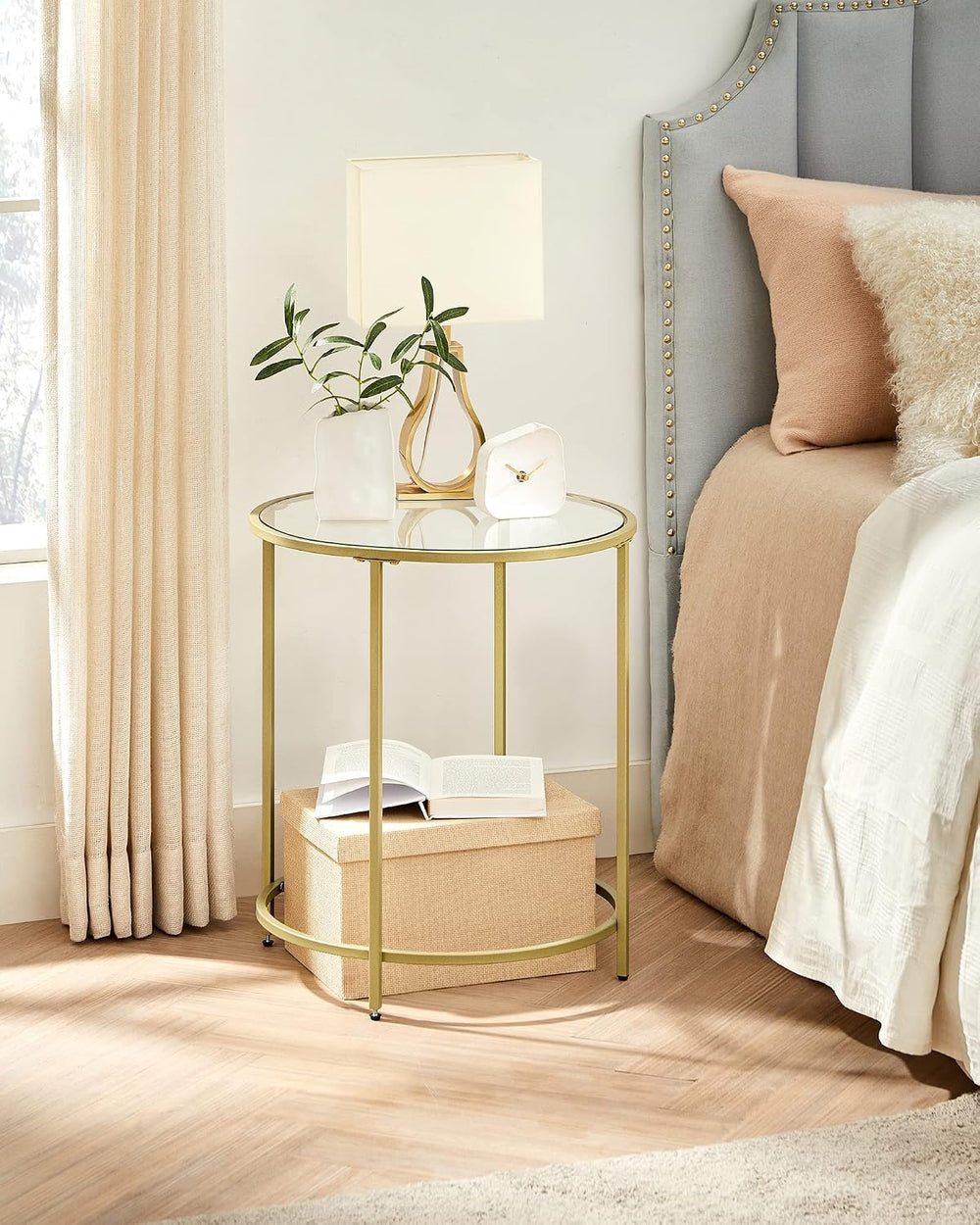 VASAGLE Round Side Tables, Set of 2, Glass End Tables with Metal Frame