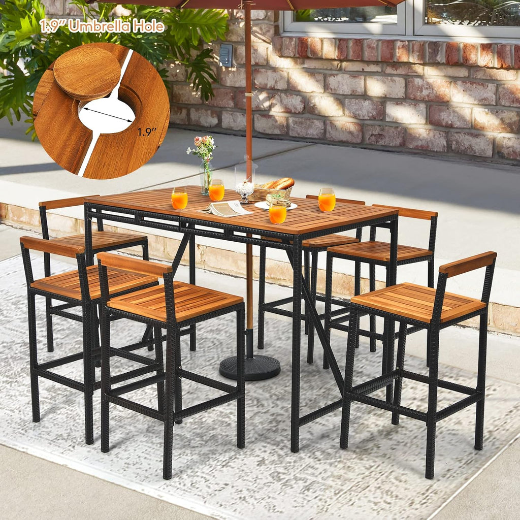 Tangkula 7-Piece Acacia Wood Bar Set with Patiojoy Outdoor Rattan High-Dining 6 Bar Stools and 1 Rectangular Table with Umbrella Hole - Outdoor Conversation Set for Patio, Backyard, Garden
