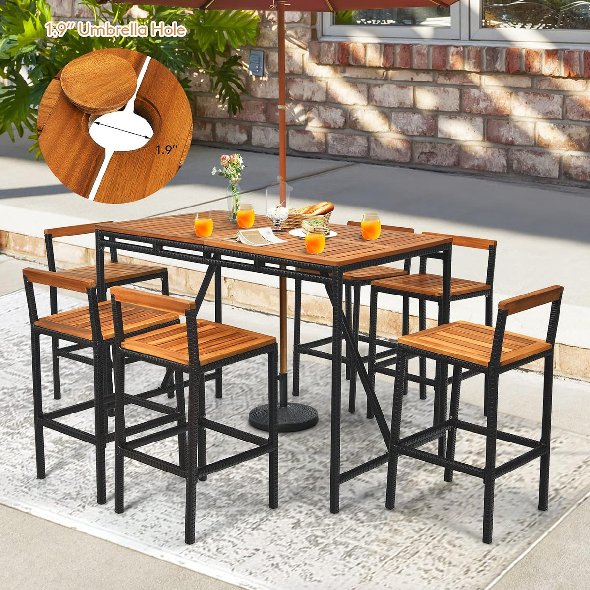 Tangkula 7-Piece Acacia Wood Bar Set with Patiojoy Outdoor Rattan High-Dining 6 Bar Stools and 1 Rectangular Table with Umbrella Hole - Outdoor Conversation Set for Patio, Backyard, Garden