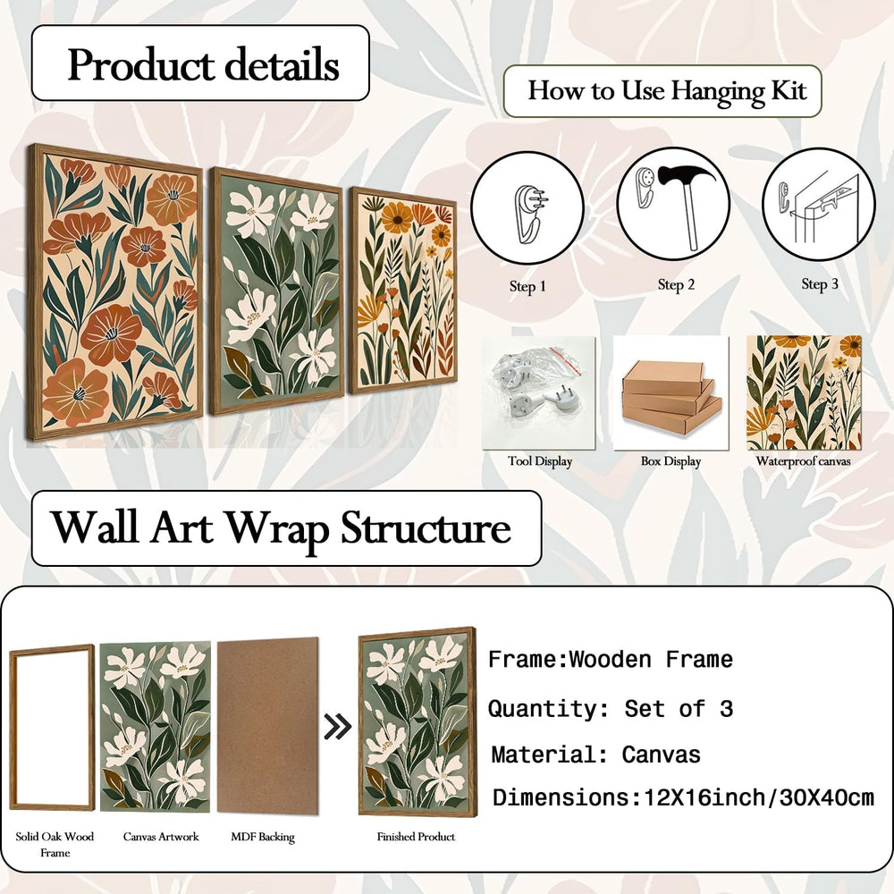 Framed Boho Floral 3 Piece Wall Art,Mid Century Modern Abstract Flower Pictur...