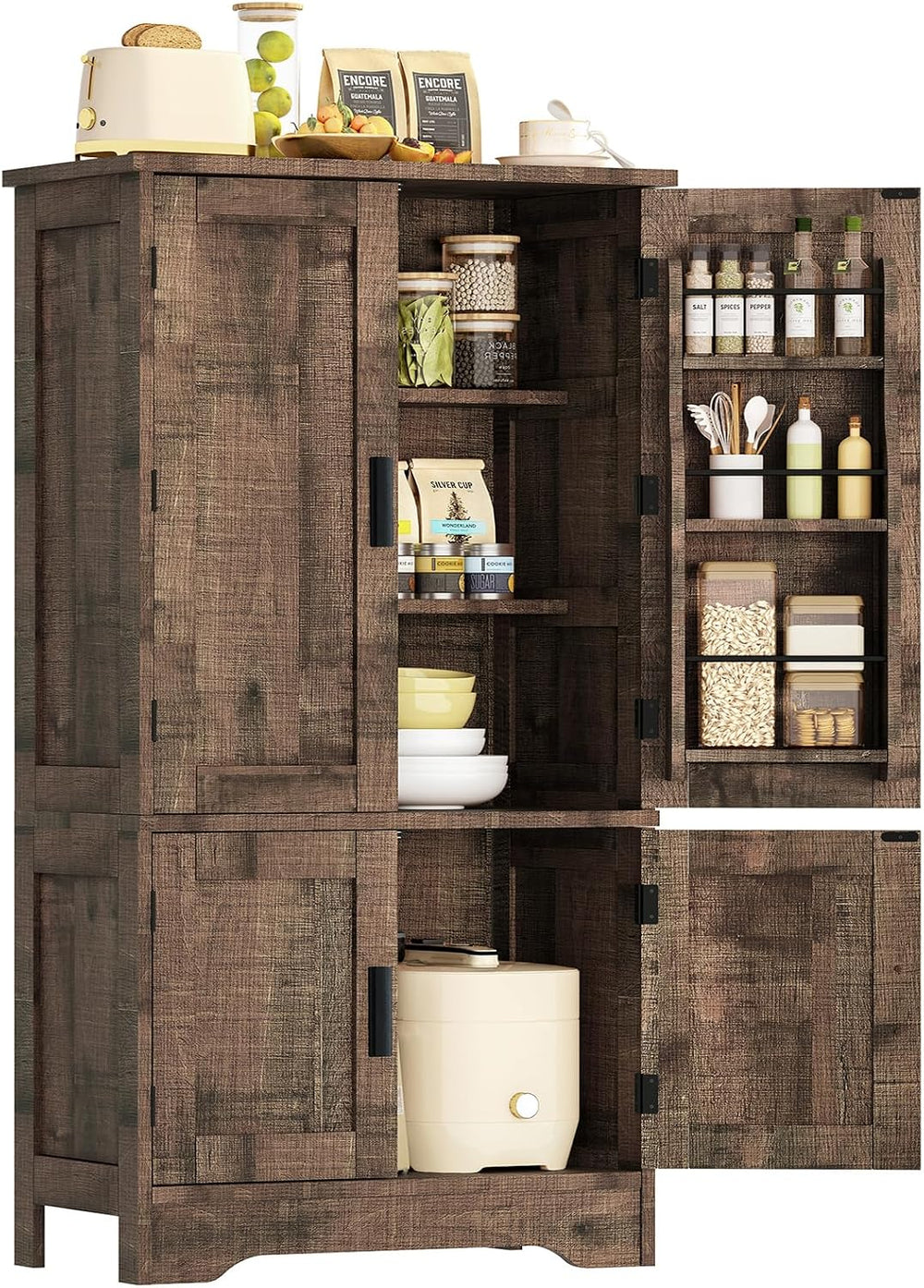 43"H Pantry Cabinet with 4 Doors, Kitchen Cabinet with 6 Door Shelves