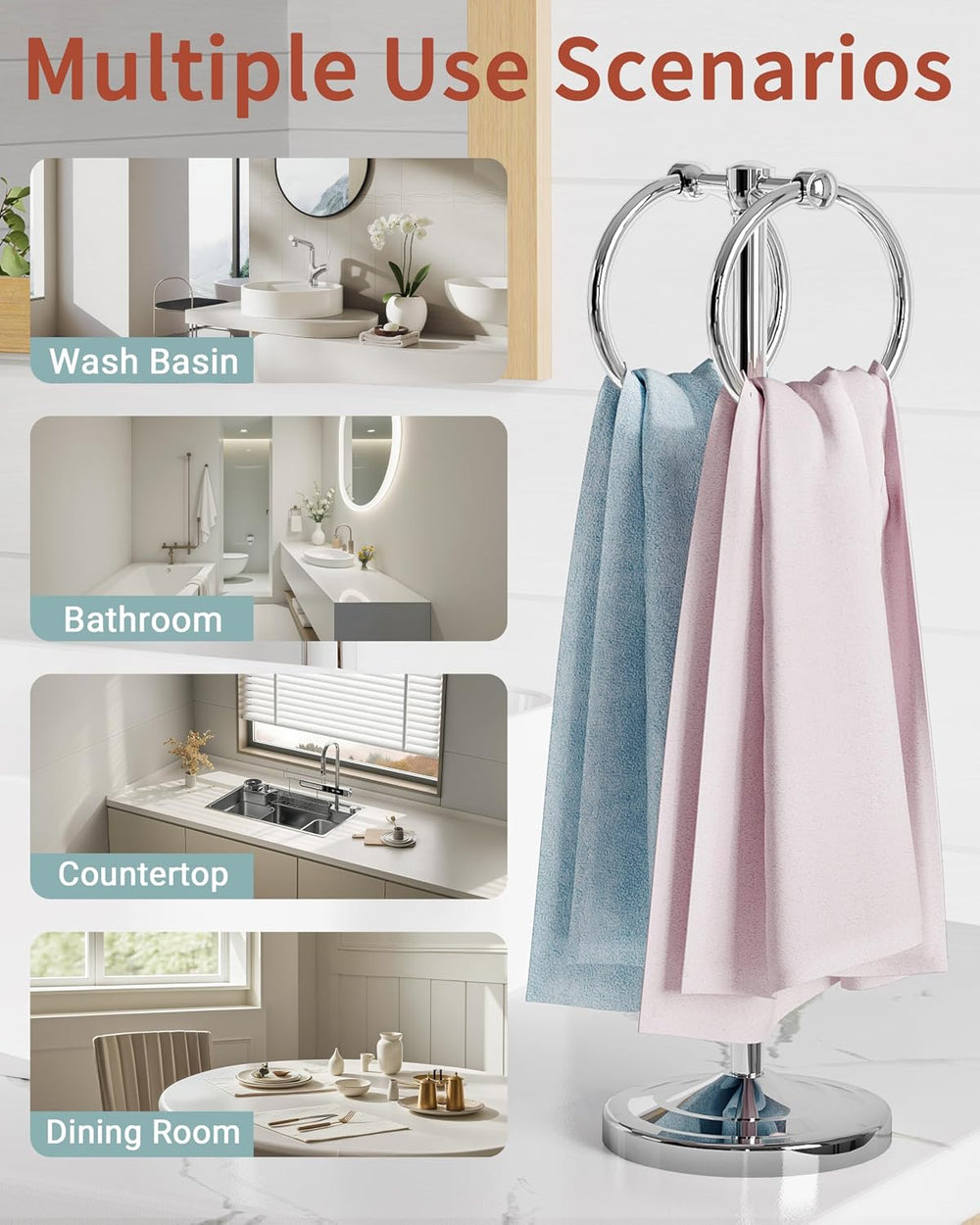 Chrome 18" Hand Towel Holder Stand with Double Ring, Weighted Base