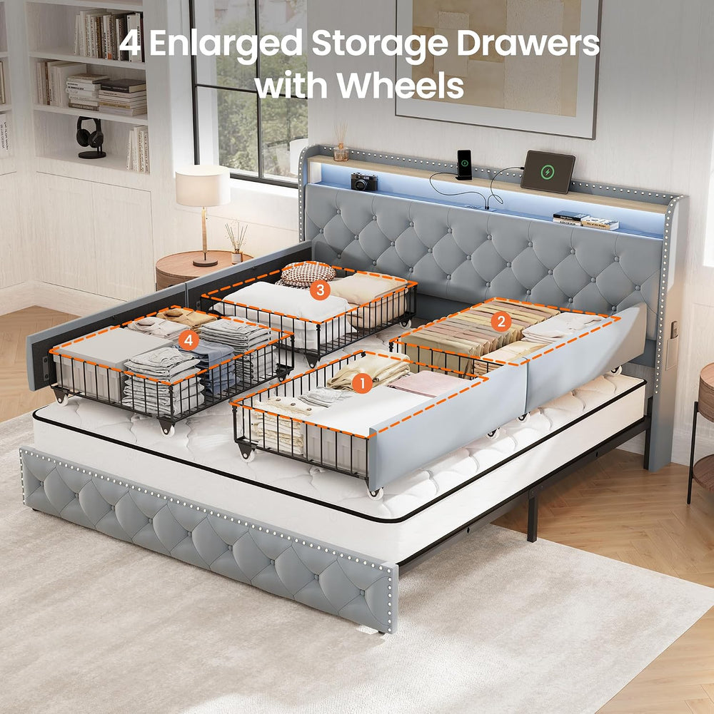 LARMACE King Bed Frame with 4 Storage Drawers, LED & Charging Station