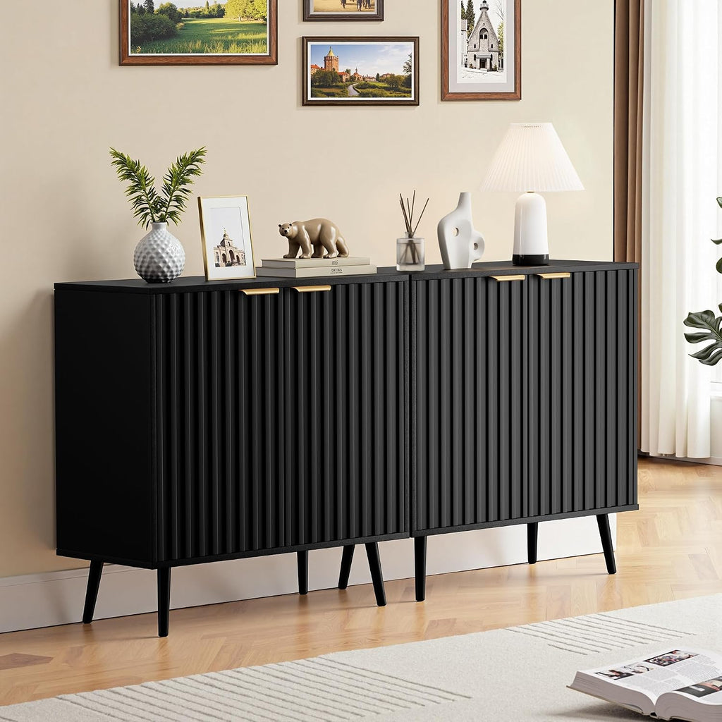 Fluted Storage Cabinet, Buffet Cabinet with Storage, Wood Sideboard with Adjustable Shelf, Modern Accent Cabinet & Console Table for Entryway, Living Room, Dining Room, Black