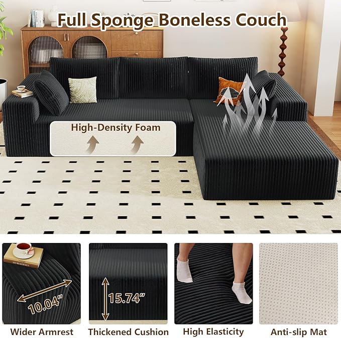 96" Modular Sectional Couch, L Shaped Cloud Sofa with Chaise Lounge, Corduroy Upholstered Couches Memory Foam Deep Seat, No Assembly Required, Ideal for Living Room(Black, Right Facing)