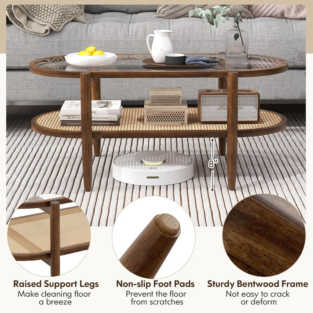MAT EXPERT Rattan Coffee Table, 2 Tier Boho Oval Living Room Table w/Glass Ta...
