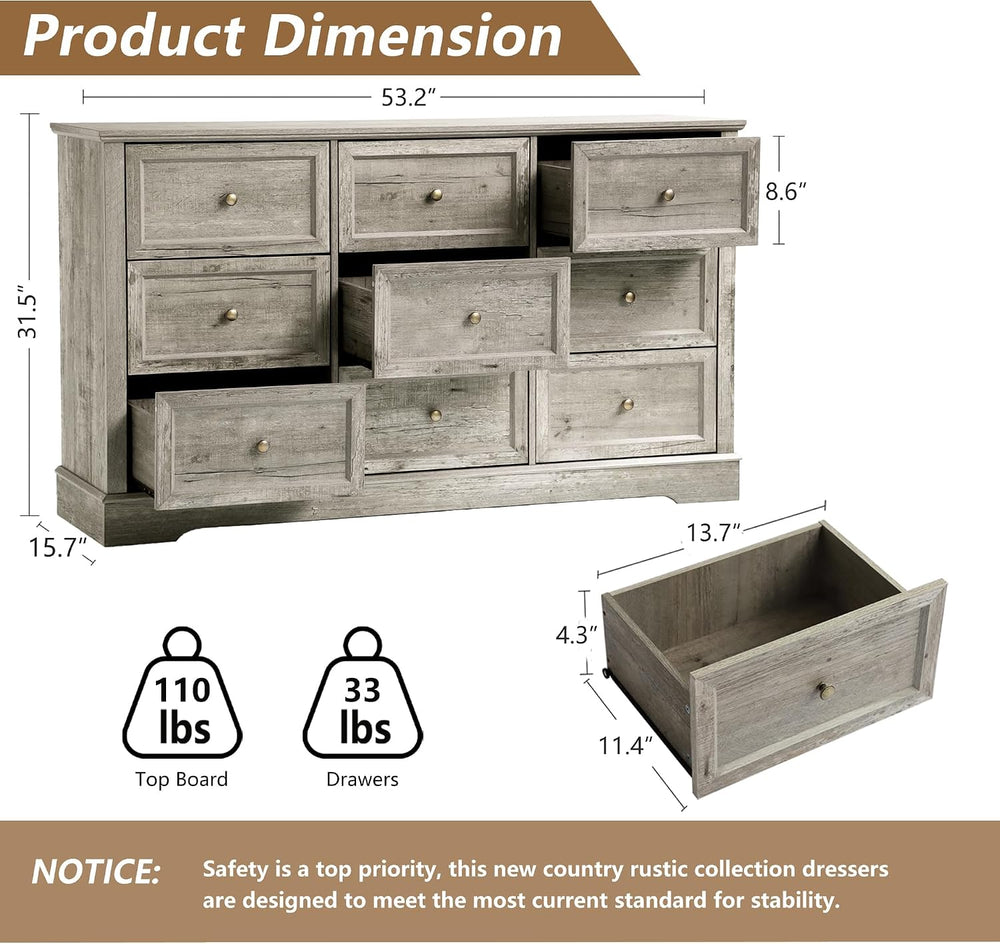 LOUVIXA Farmhouse Bedroom Sets of 3, Including 9 Drawer Dresser, Nightstand S...