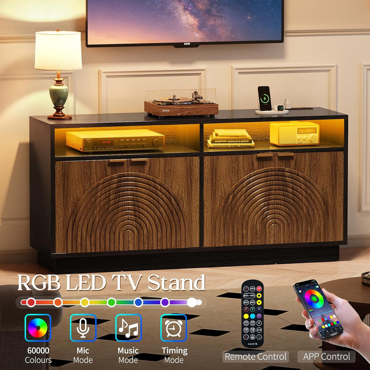 Modern Sideboard Buffet Cabinet with Storage - 58" Fluted Coffee Bar Cabinet with LED Light & Power Outlet, Adjustable Shelf, Credenza Strorage Cabinet, Accent Console for Kitchen Living Room