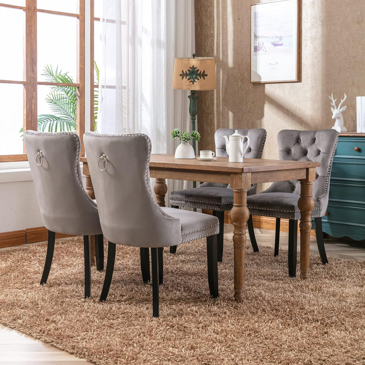 grey velvet dining chairs set of 4, tufted shown in use