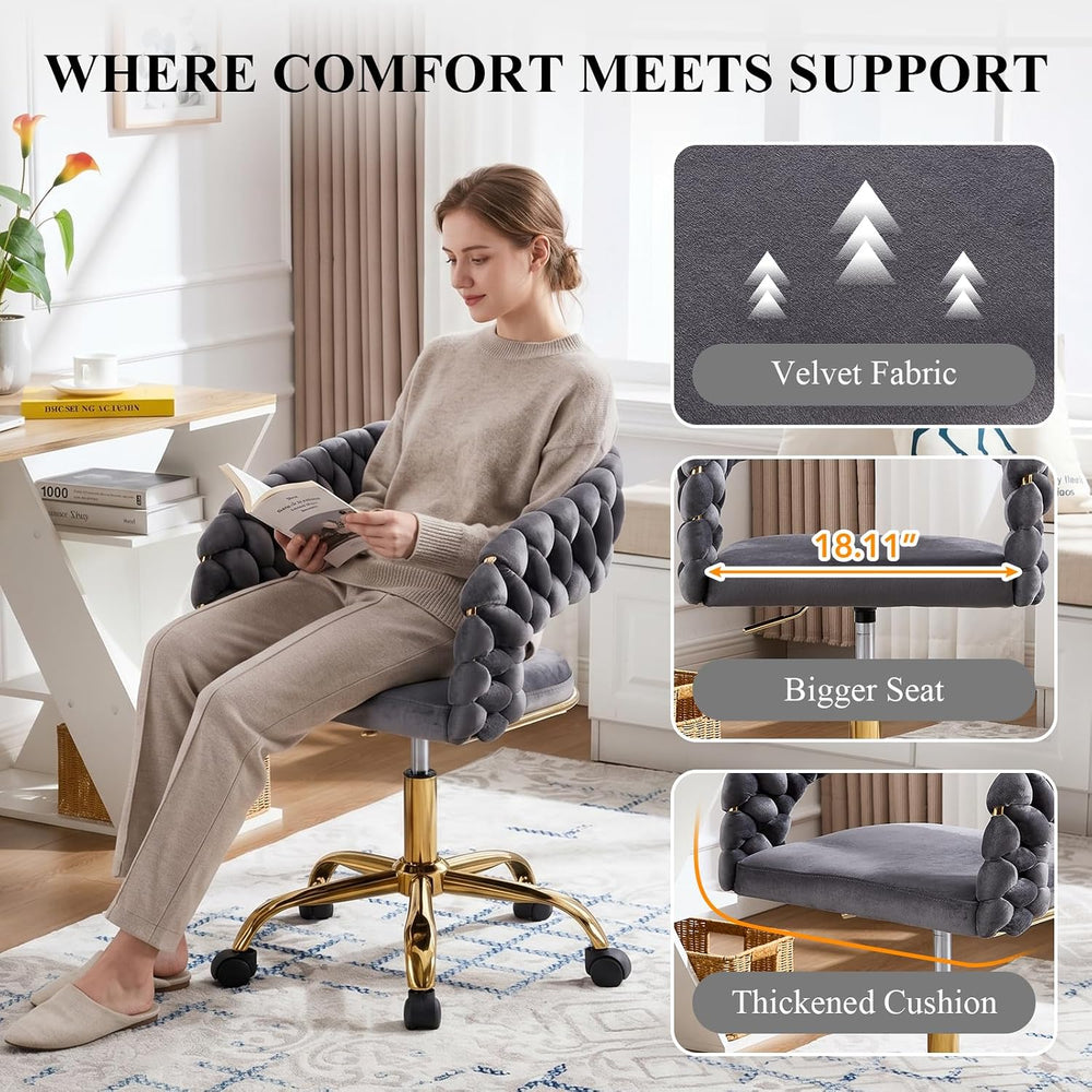 NIOIIKIT Woven Home Office Chair, Velvet Swivel Desk Vanity Chair, Grey