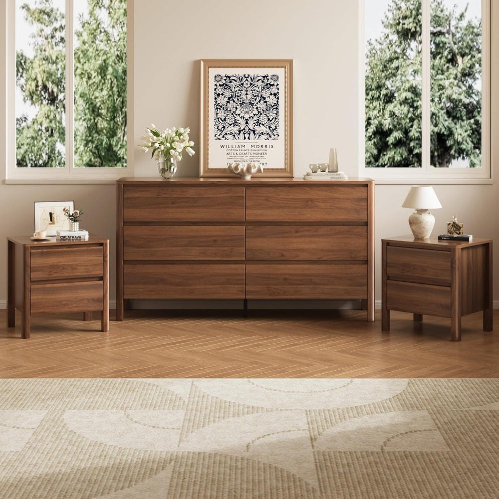 Walnut 3-Piece Bedroom Set, 6-Drawer Dresser & 2-Drawer Nightstands