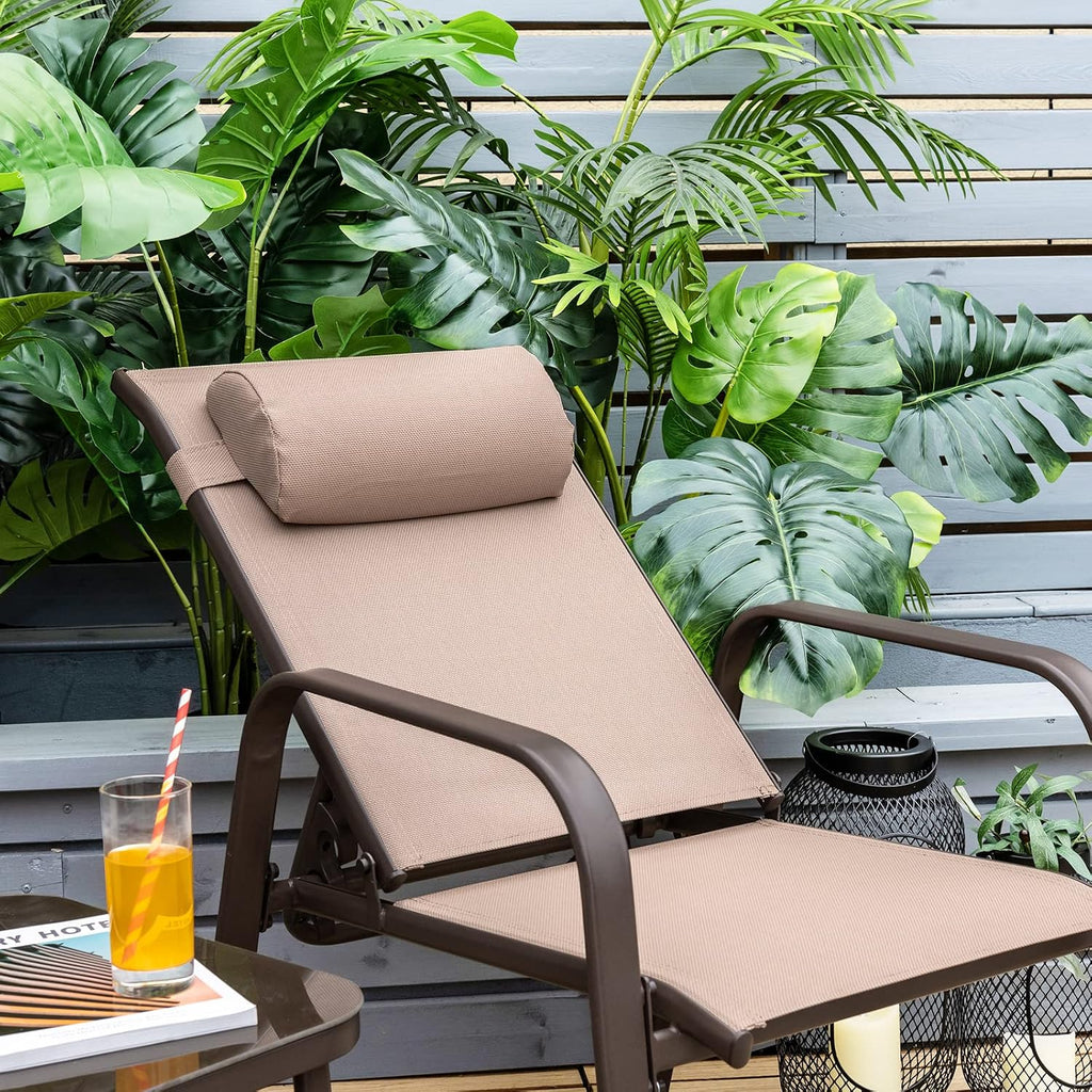 Tangkula Outdoor Bistro Set, 3 Pieces Patio Recliner Stackable Chairs with Adjustable & Folding Backrest, Removable Headrest and Tempered Glass Coffee Table Set, Patio Conversation Set (Brown)
