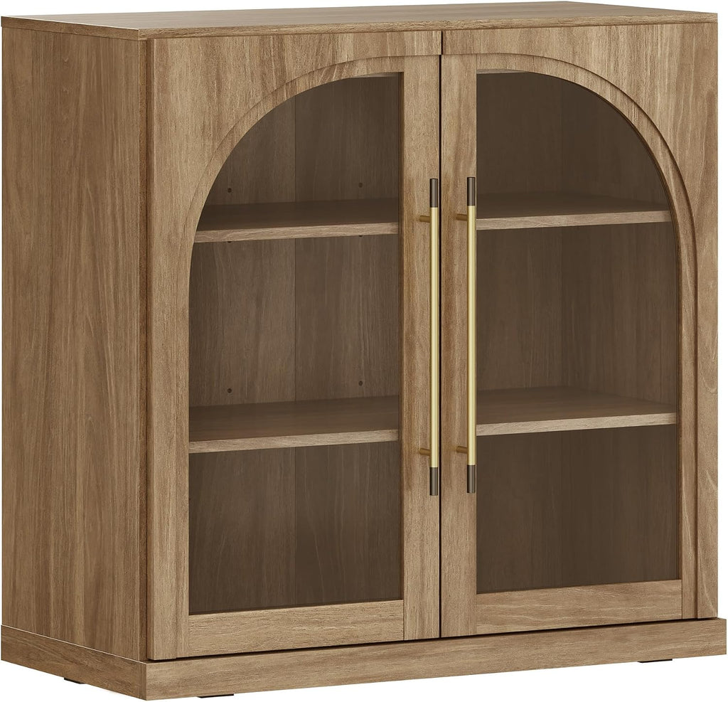 BELLEZE 32.5" Kitchen Storage Cabinet with Adjustable Shelves,Freestanding Accent Cabinet with Fluted Arched Design & Gold Handles,Modern Credenza for Living Room,Dining Room,Entryway - Camel