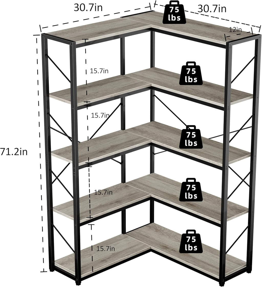 Shintenchi 5 Tier Corner Bookshelf, L Shaped Large Bookcase, Grey