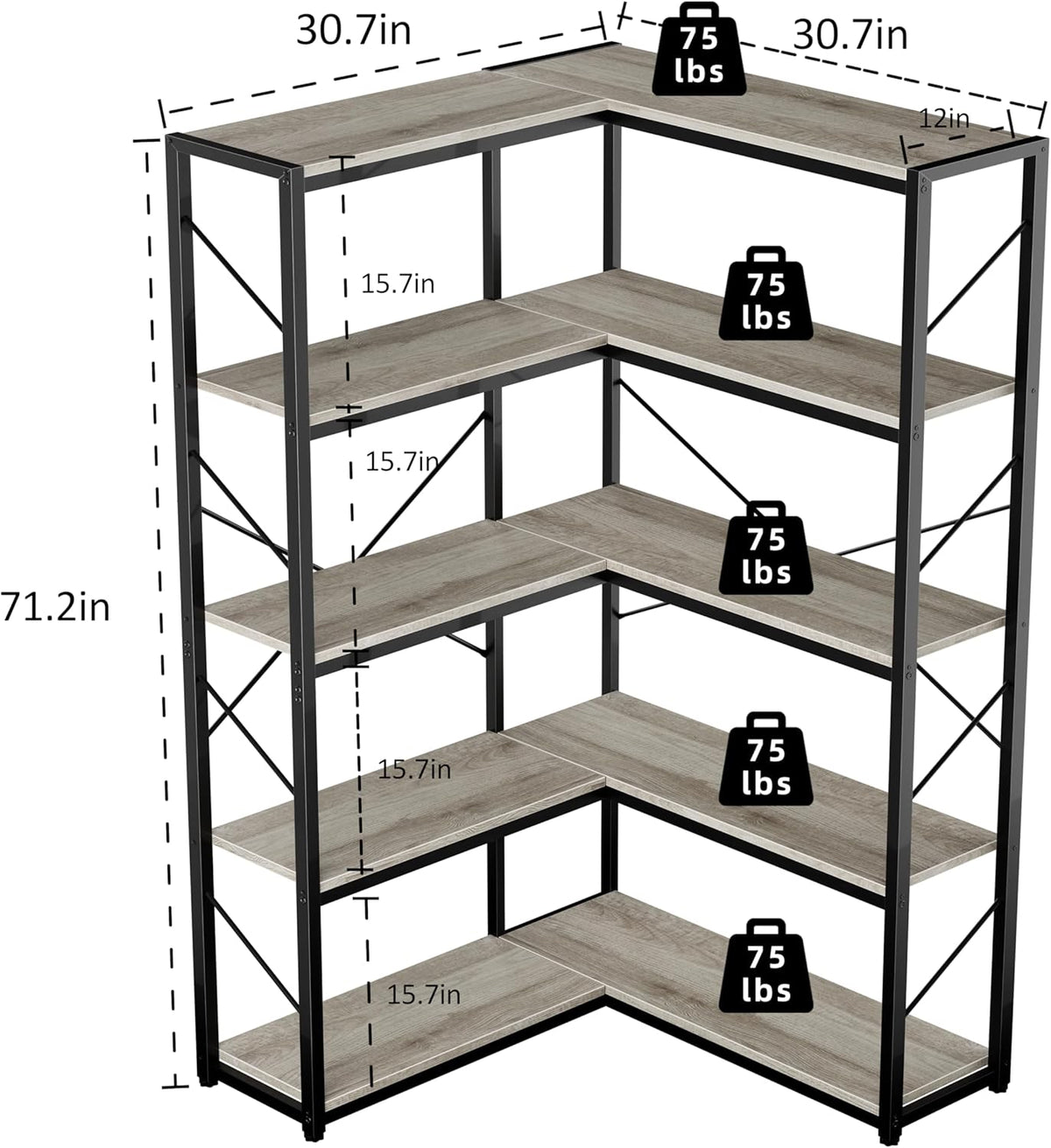 Shintenchi 5 Tier Corner Bookshelf, L Shaped Large Bookcase, Grey