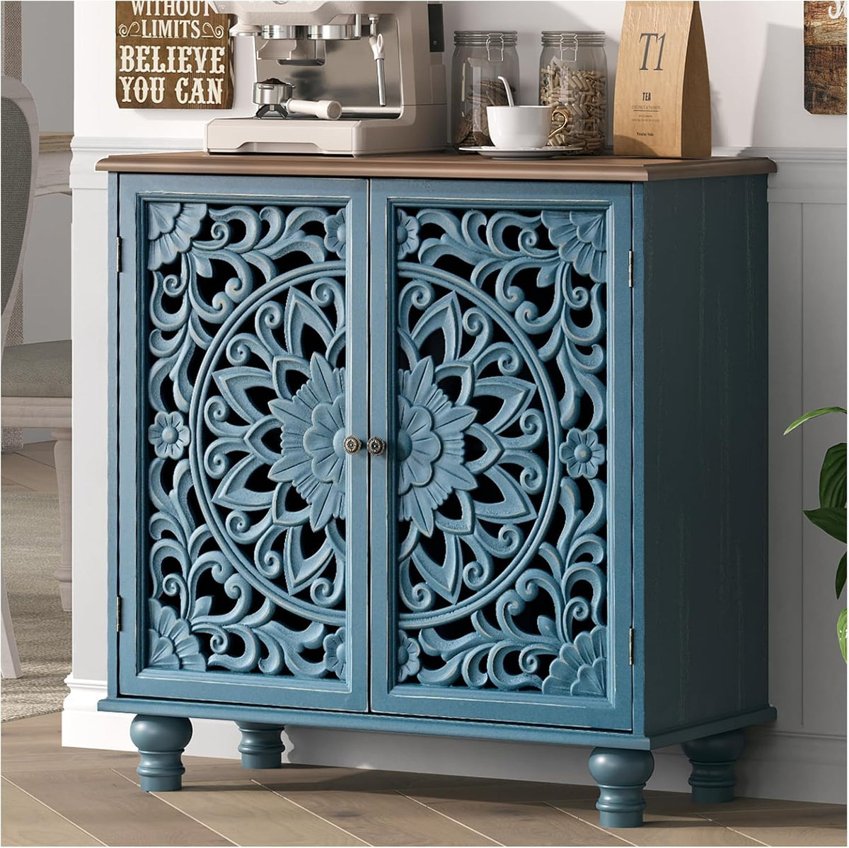 JOINICE 31" Accent Storage Cabinet with Doors for Living Room,Blue & Walnut