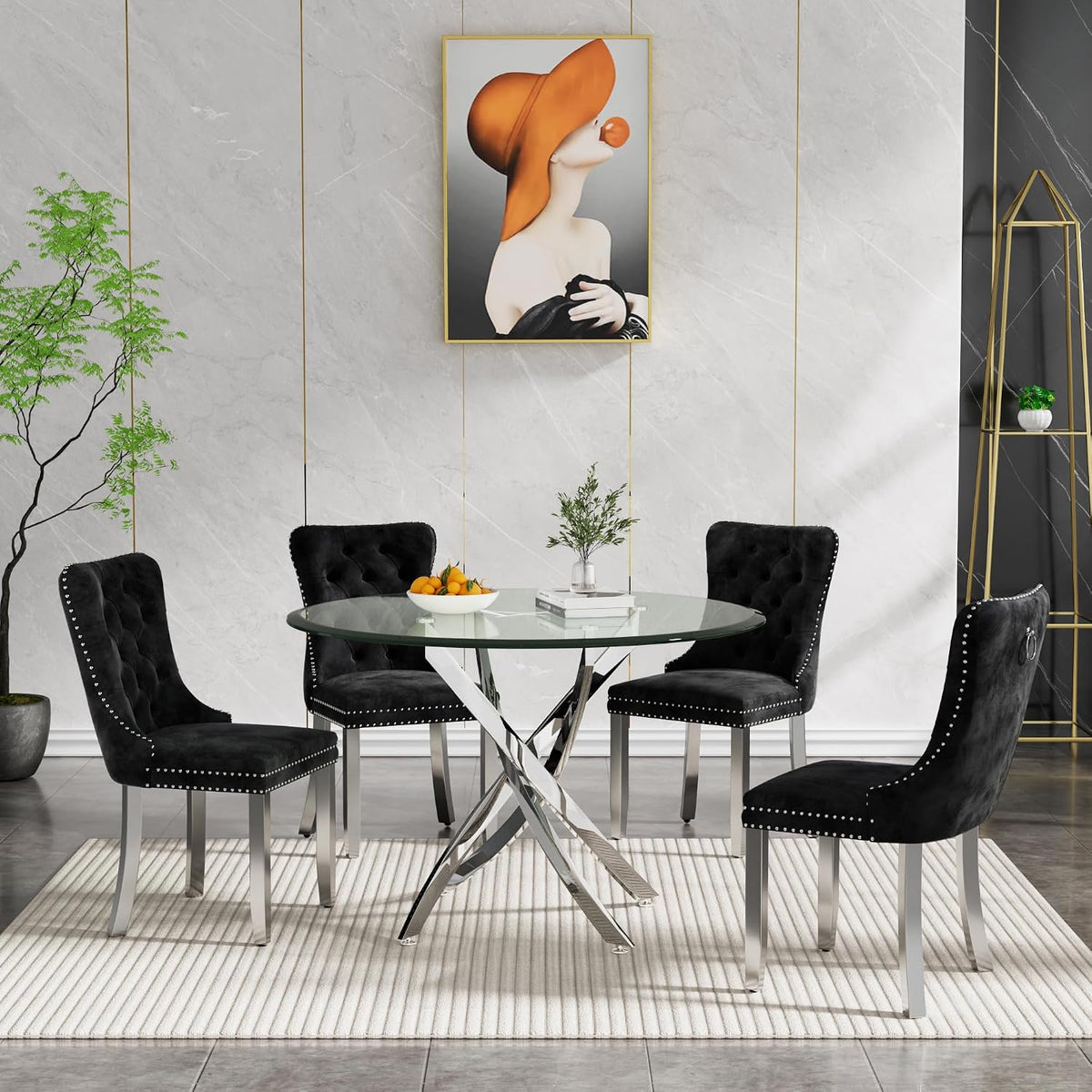 HomVent 36''Silver Round Glass Dining Table Set for 4 for Family Gathering