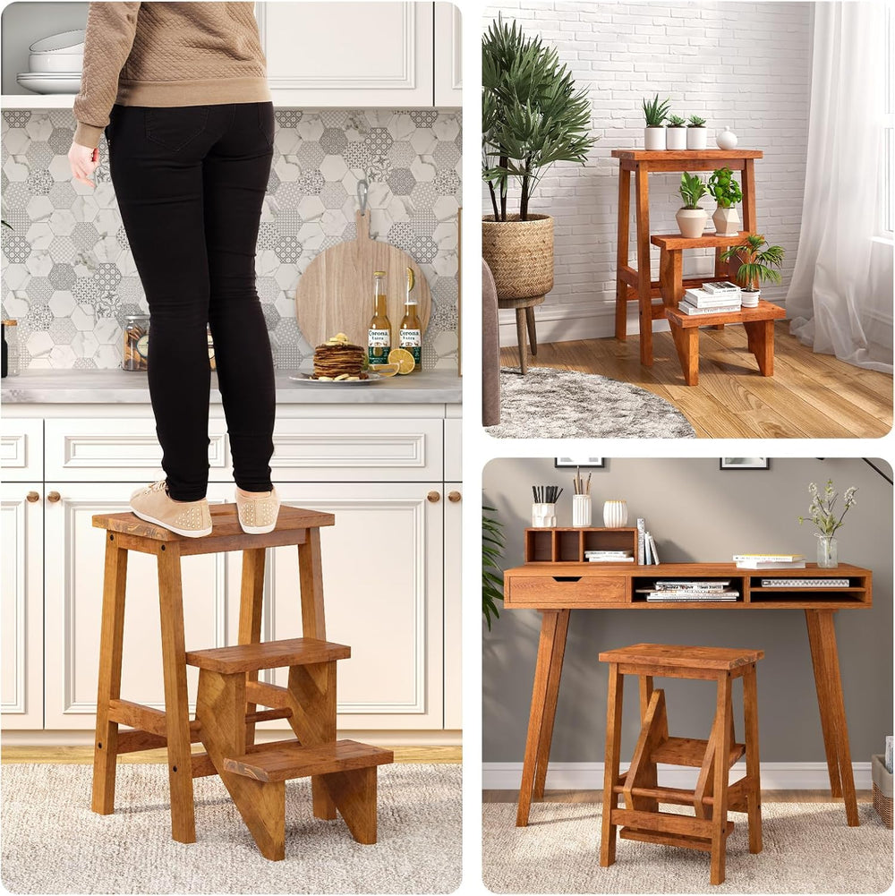 Giantex Folding 3 Tier Step Ladder, Multifunction 3-in-1 Wood Step Stool with...