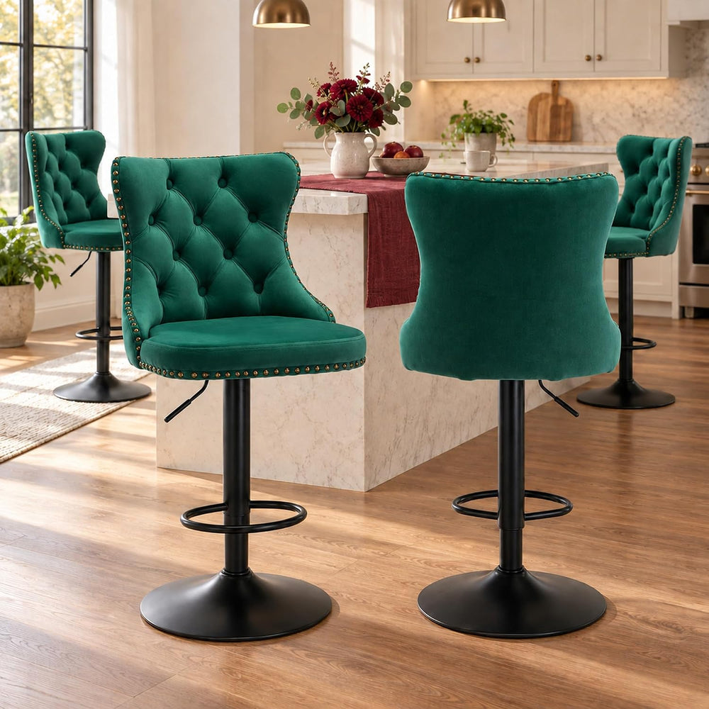 ODUSE-DAILY Green Velvet Bar Stools Set of 4 - Adjustable Swivel Counter Heig...
