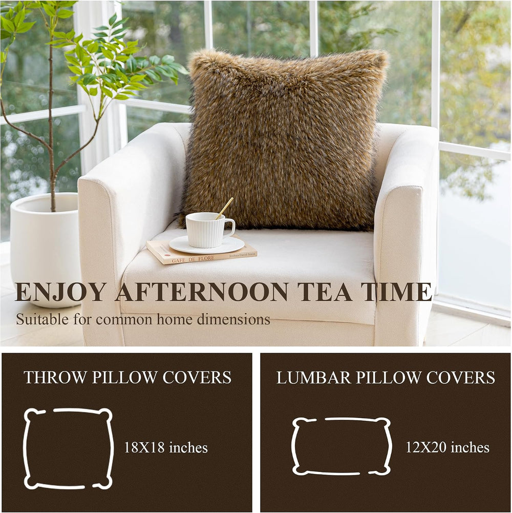 MOOX Faux Fur Pillow Covers 18x18 Inch Set of 2, Faux Raccoon Fur Textured De...