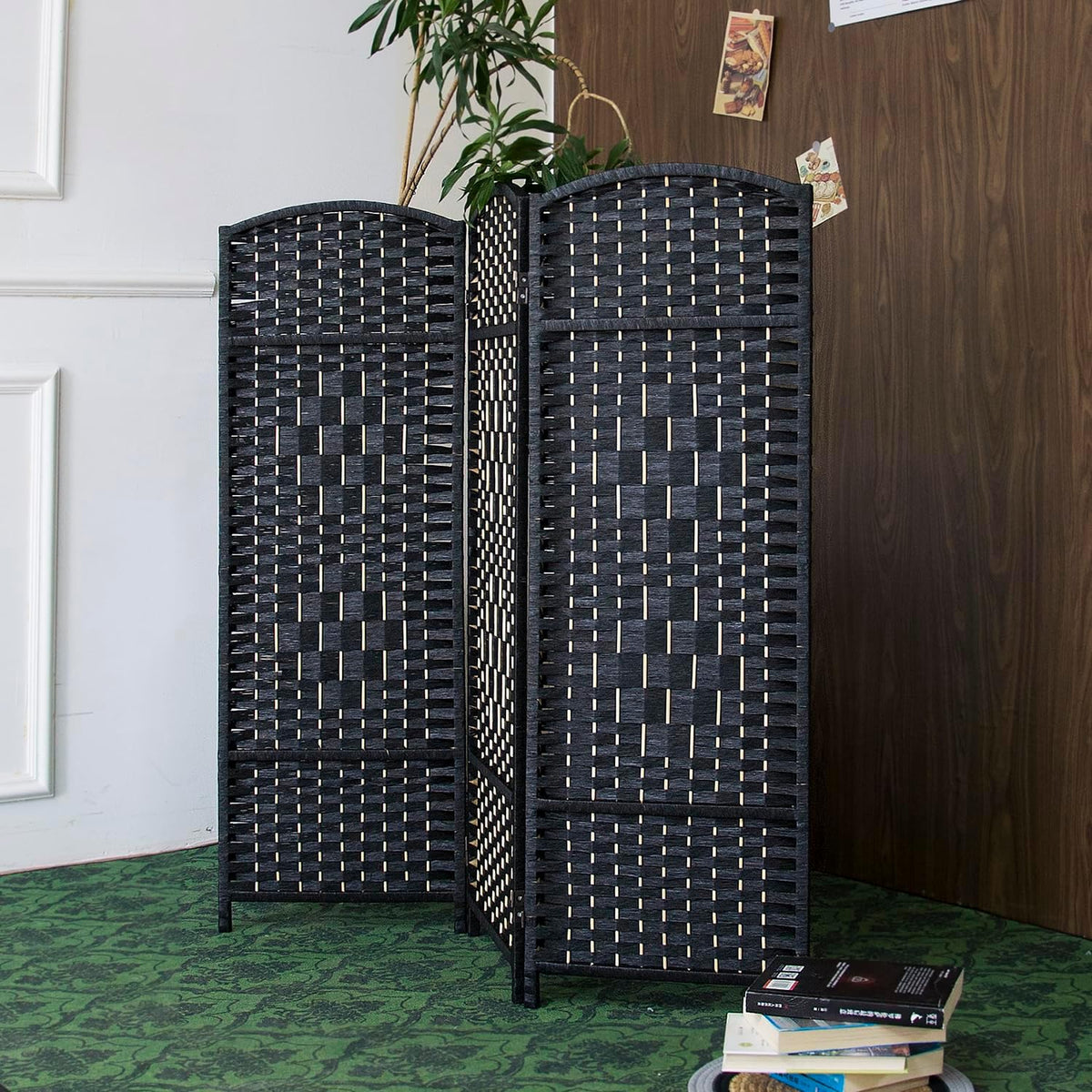 Furnnylane 3 Panel Black Rattan Room Divider for Room Separation, 47.2" Low Height Double Sided Folding Privacy Screen, Freestanding Partition Screen for Home Office - 3.95 ft Tall